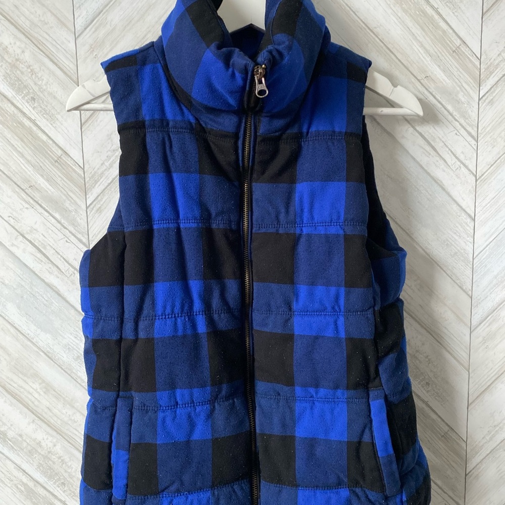 Gap Women’s Blue and Black Checkered Plaid Fabric Puffer Vest